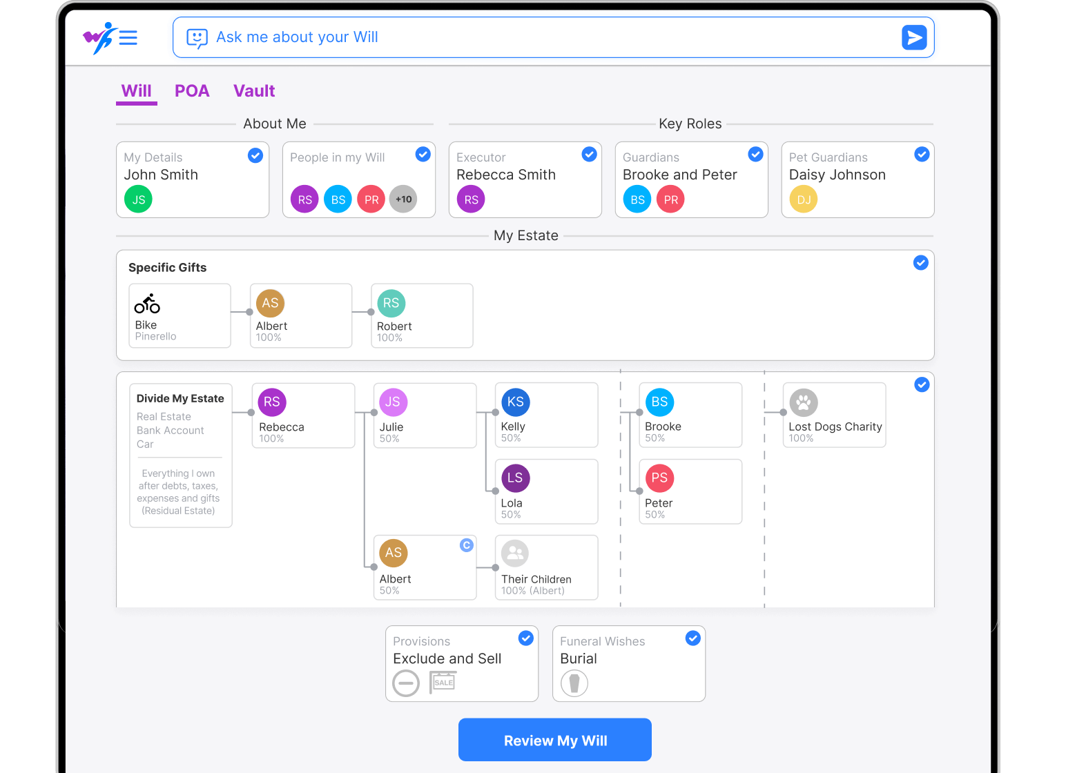 Will Hero visual Will builder showing estate, beneficiaries and key roles